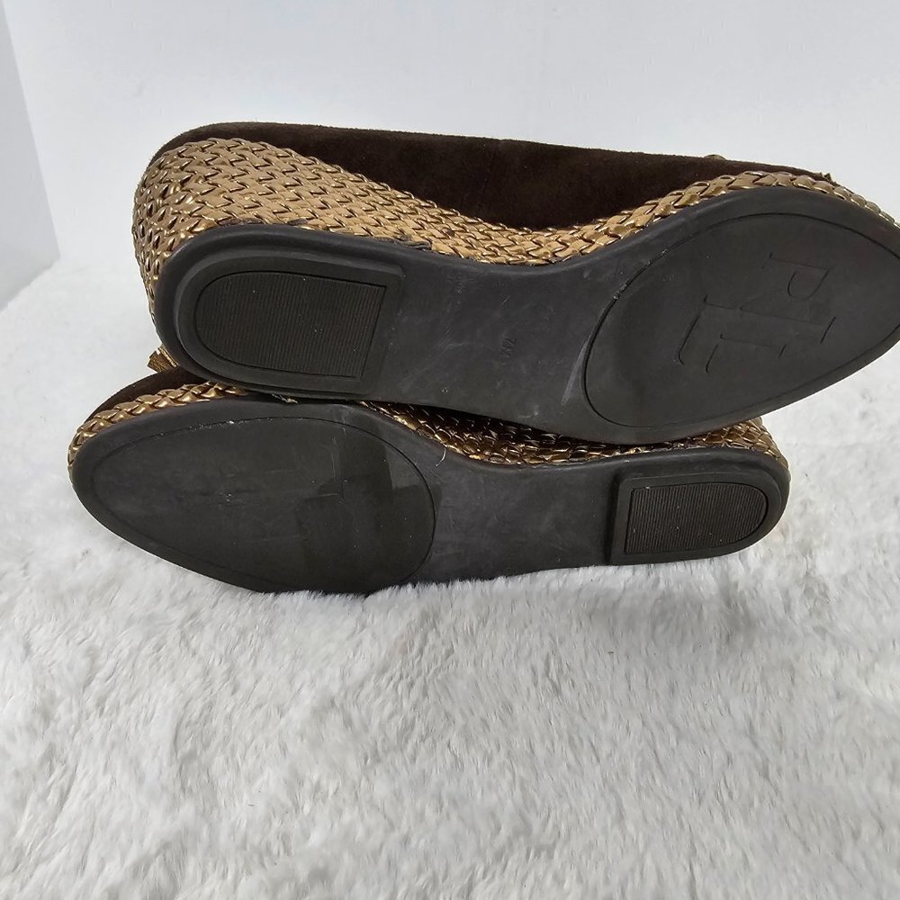 Lauren Ralph Lauren Cambree Chocolate Suede Gold Metallic Wedge Shoes Size 7 - Picture 14 of 16